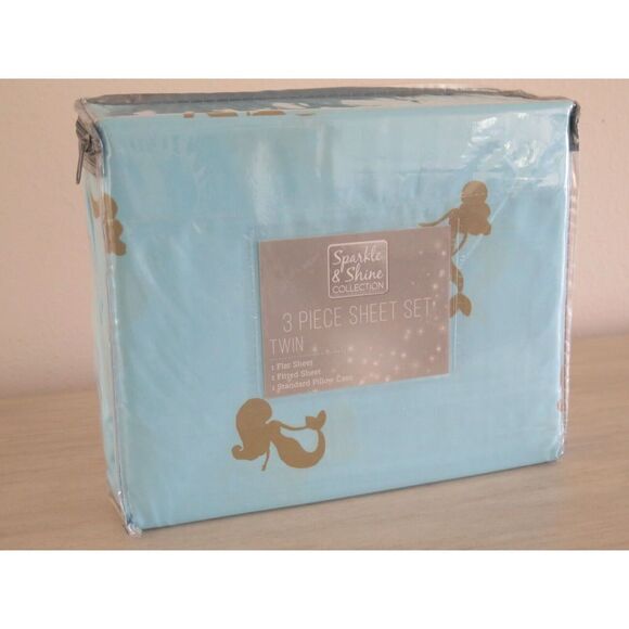 Sparkle & Shine Collection Aqua Blue Glitter Gold Mermaid 3Pc TWIN Sheet Set $68 - Picture 1 of 10